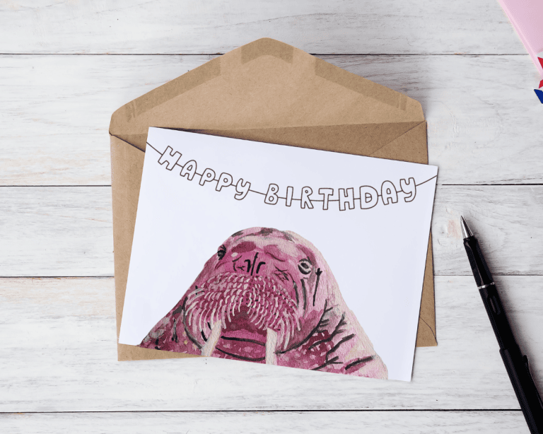 Card with a walrus and happy birthday banner
