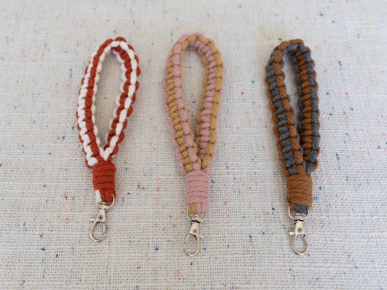 Three multi colored macrame wristlet keychains